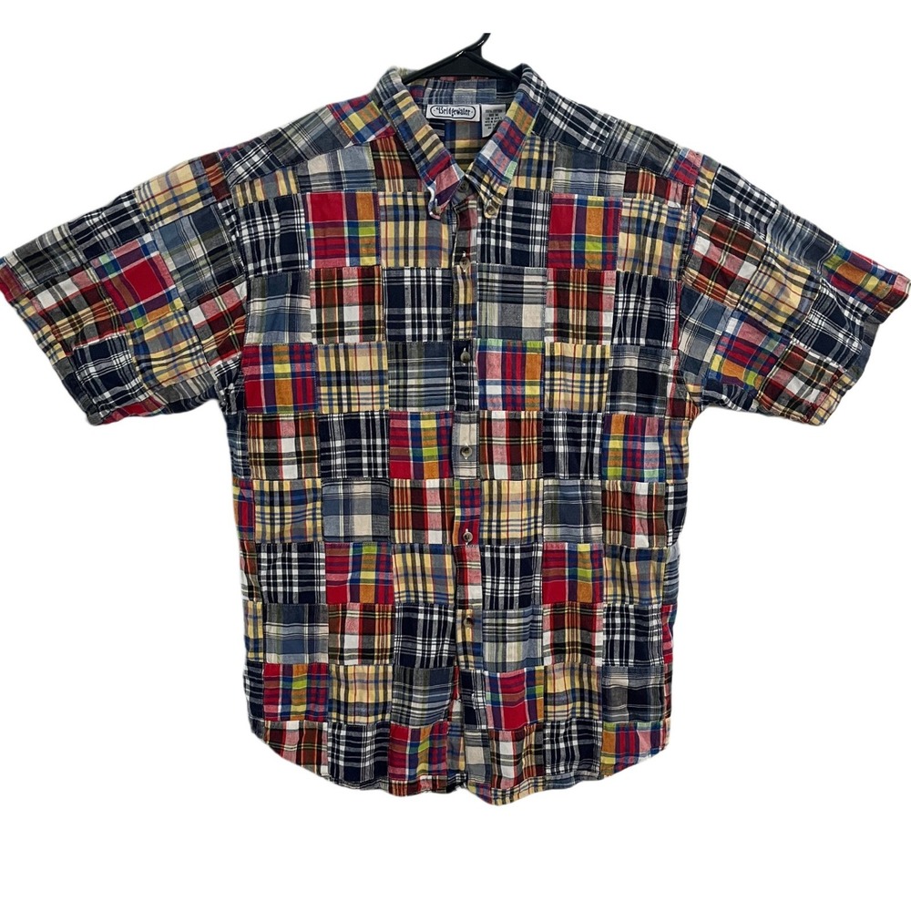 Vintage Bridgewater Madras Patchwork Short Sleeve Button Down Shirt Nepal Sz M